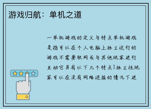 游戏归航：单机之道