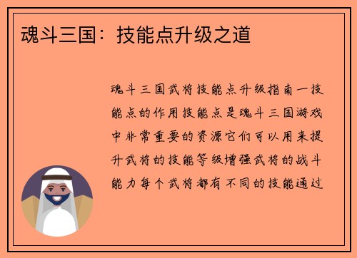 魂斗三国：技能点升级之道